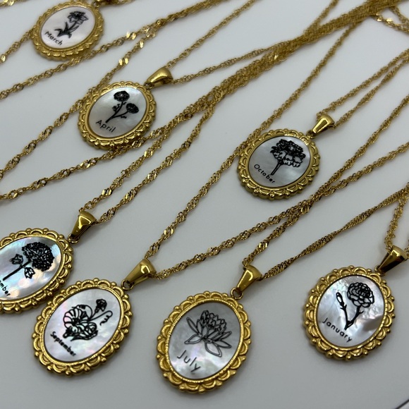 N335 Birth Month Flower Rainbow Mother of Pearl Necklace 18KGold over Stainless - Picture 6 of 6